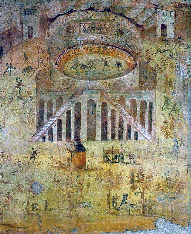 Pompejanischen Wandmalerei mit der Darstellung der Unruhen in Pompeji zwischen Pompejanern und Nucerianern im Jahr 59